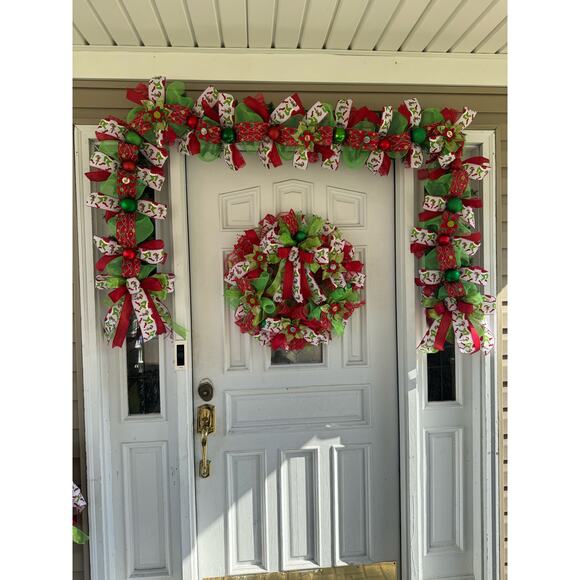 Grinch Christmas Garland Handmade, Red Green Holiday Mesh Ribbon Garland + Bows - Picture 7 of 10